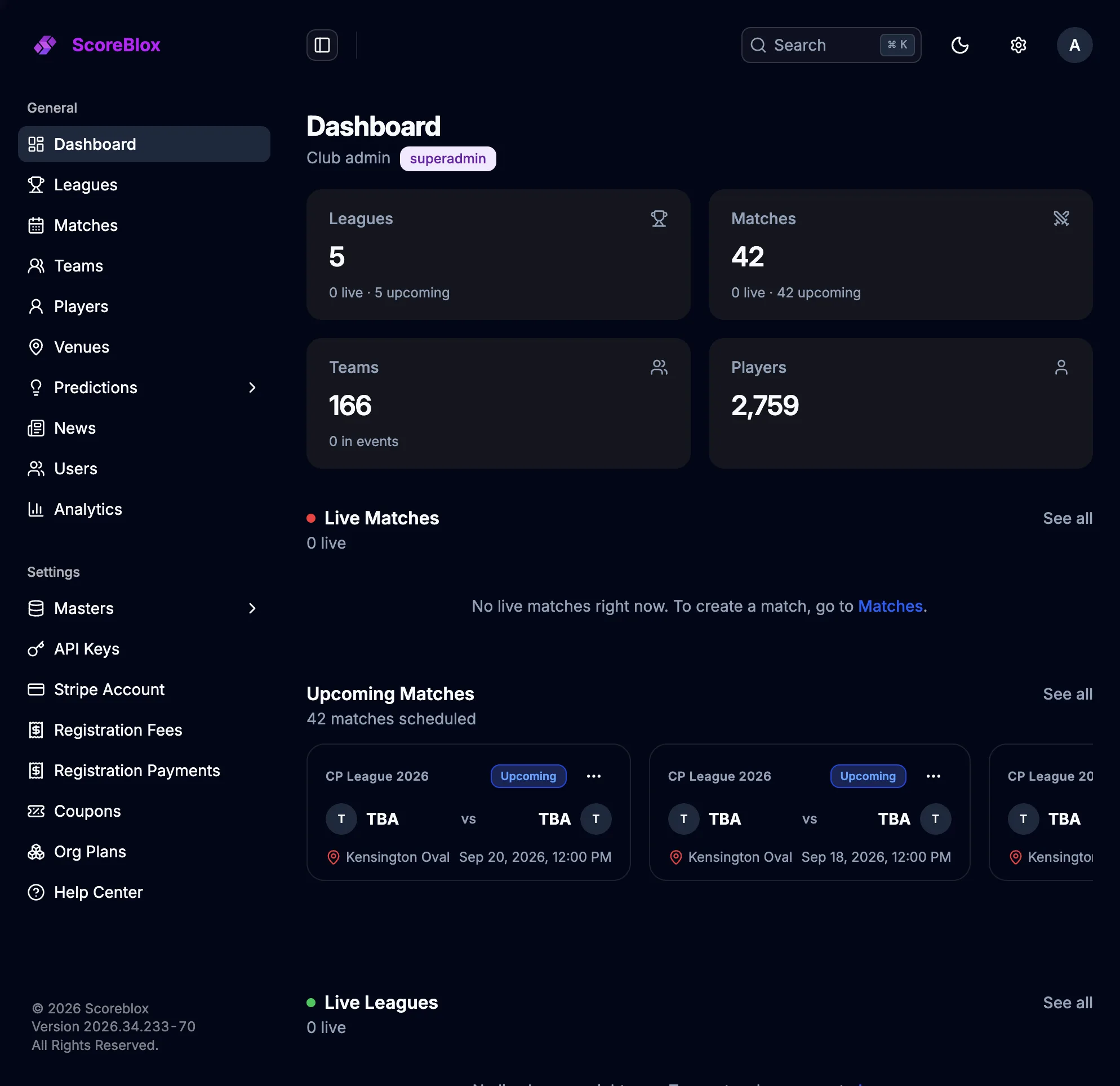 Console dashboard with leagues, matches, teams and player counts, plus live and upcoming matches