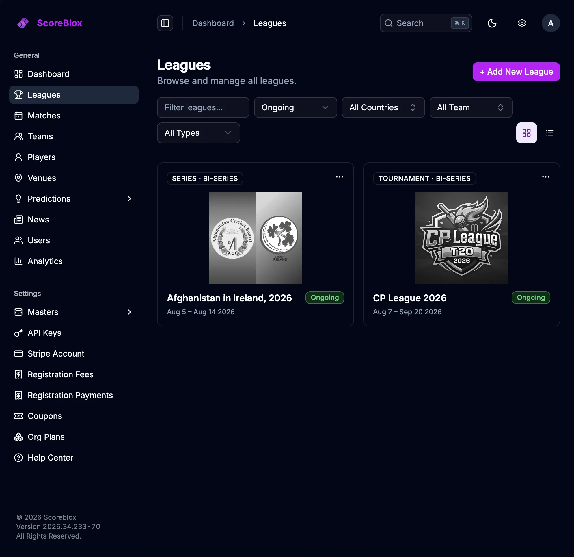 Leagues grid in the console with filters and an add-league action