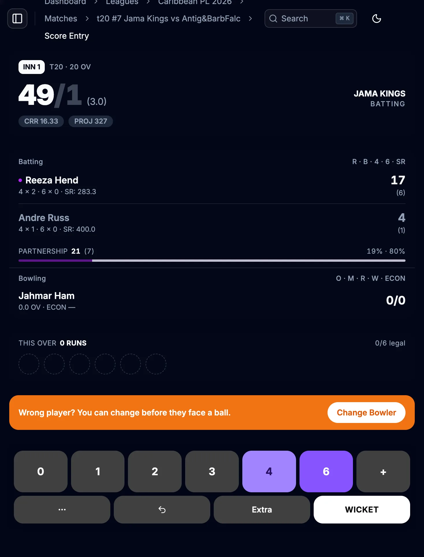 Live score entry pad with batting, bowling, this-over tracker and quick actions