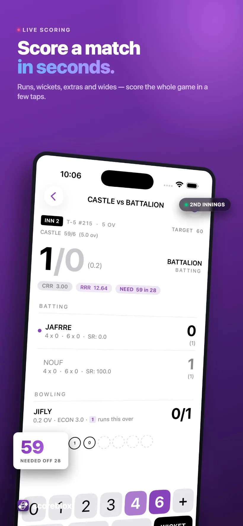 Live score entry with quick actions