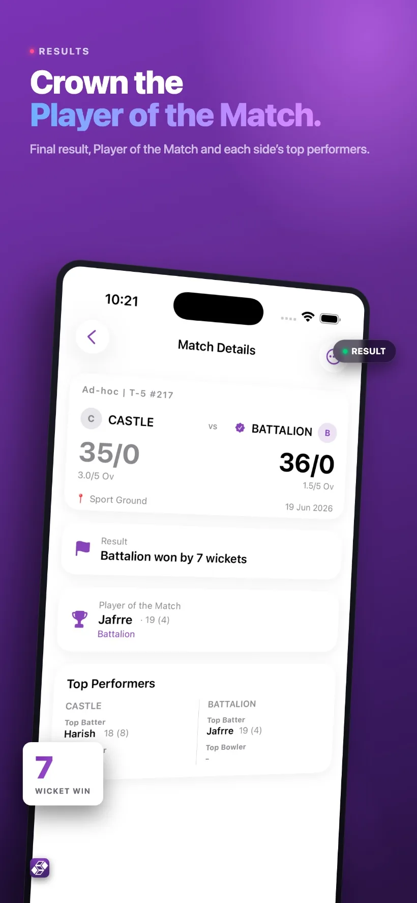Match summary dashboard with toss, venue and player of the match
