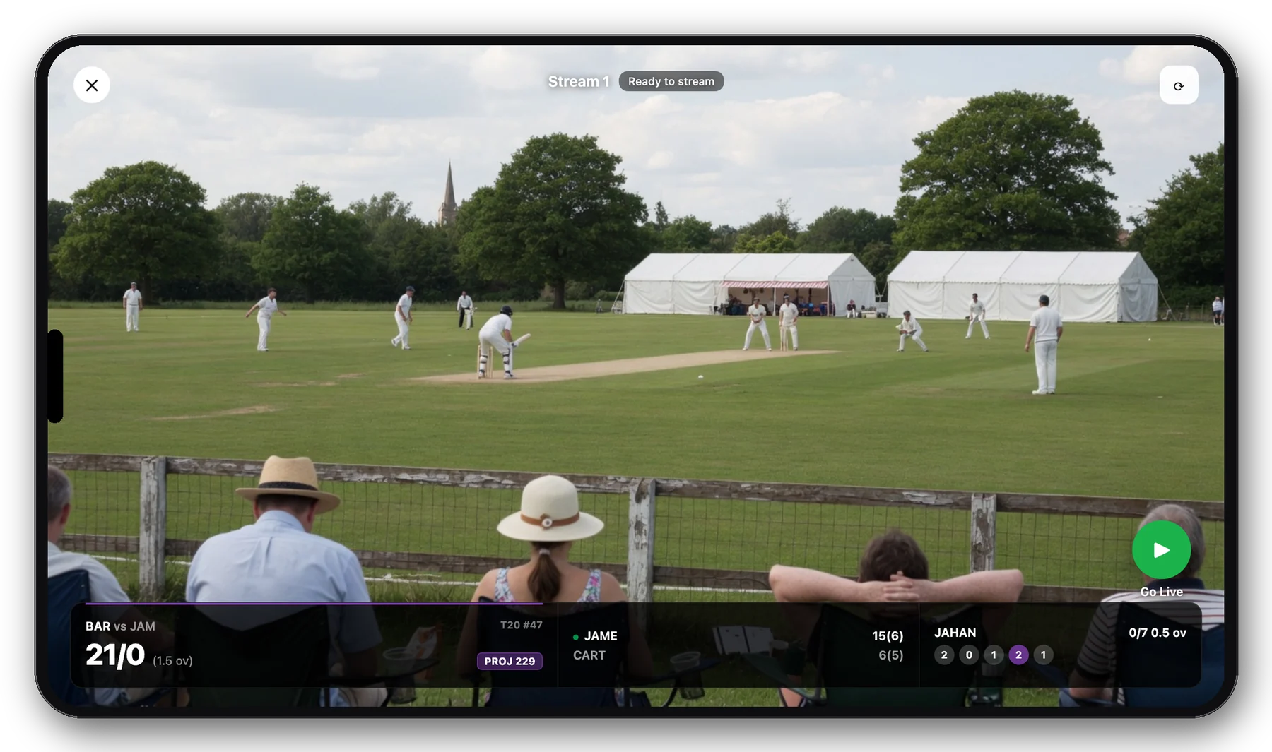 Landscape iPhone Scorer stream ready to go live, cricket field from the boundary