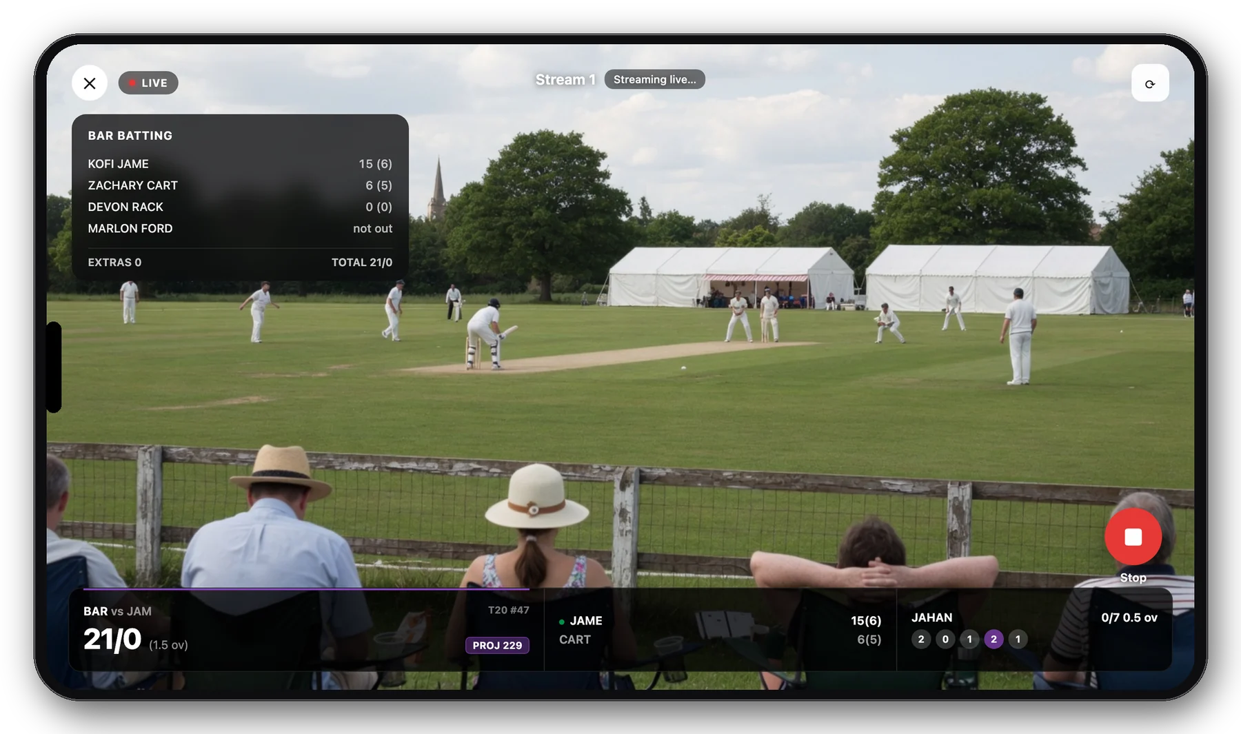 Landscape iPhone with batting card on the live stream
