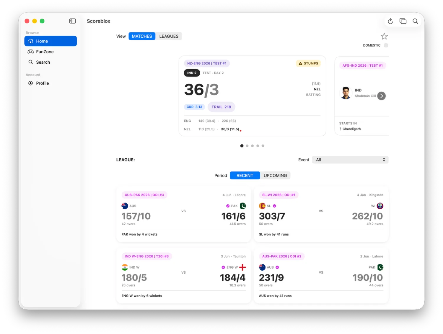 scoreblox for Mac home — live, recent and upcoming games across every league