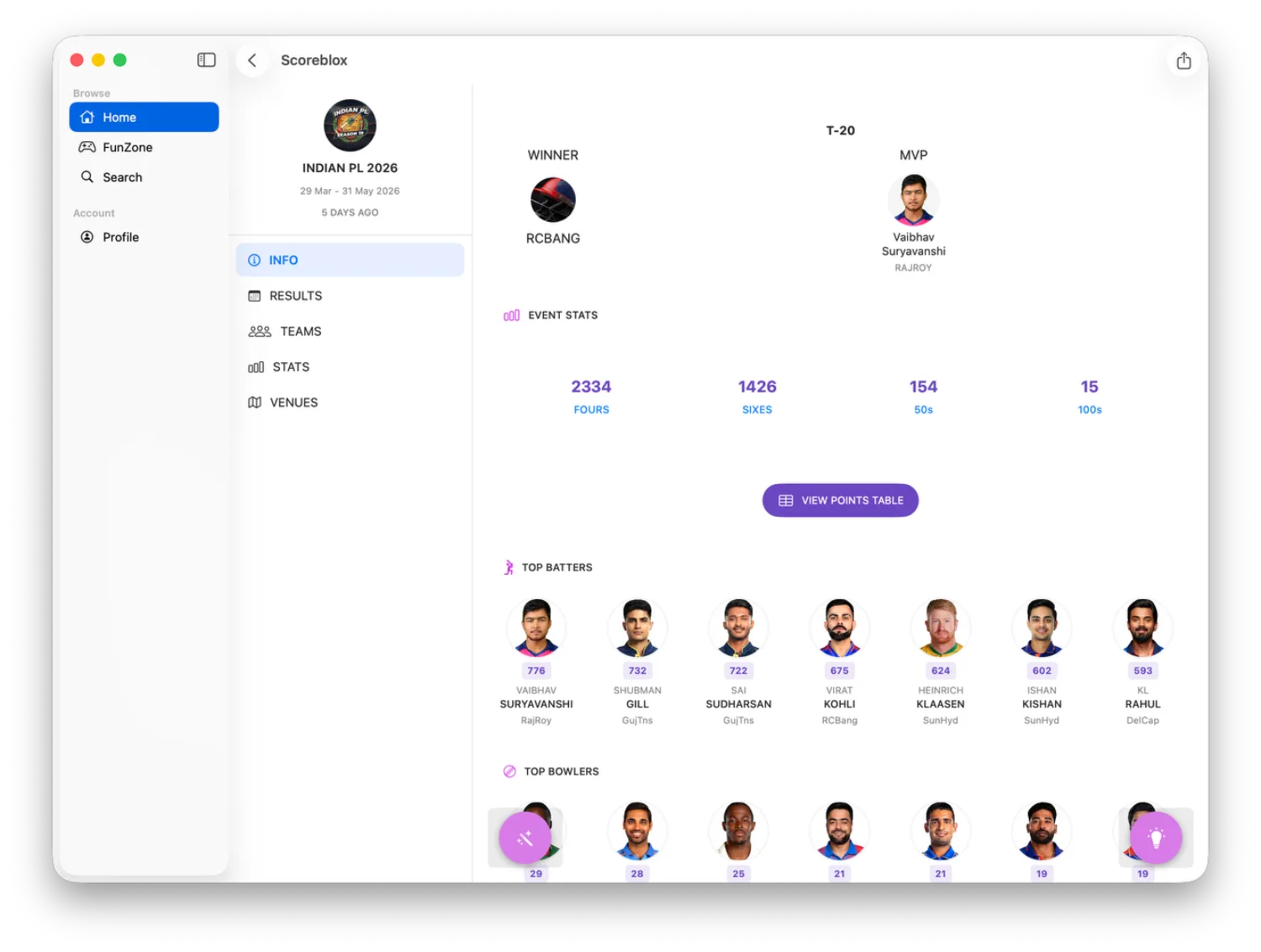 League hub on Mac — winner, MVP, event stats and leading players