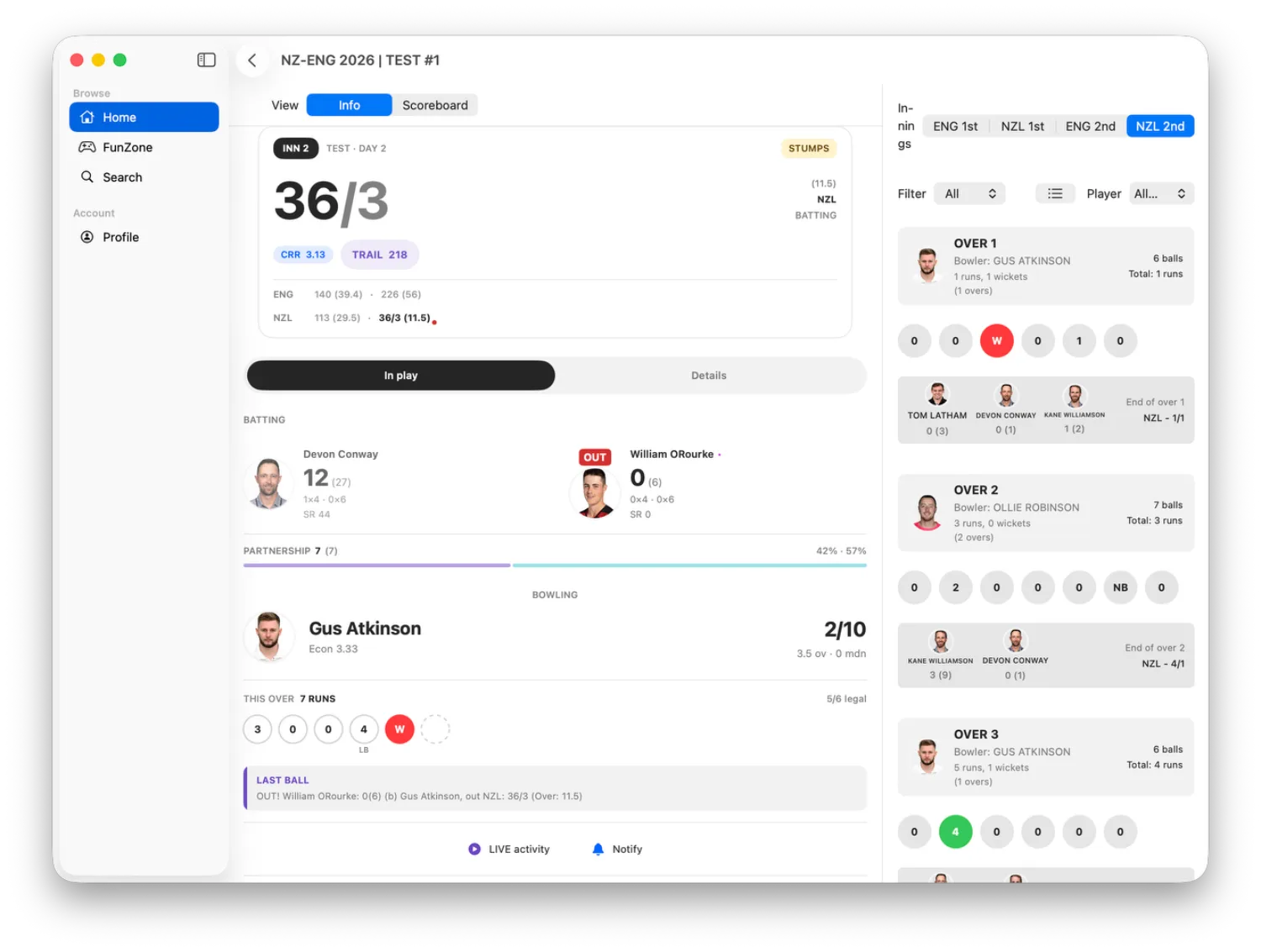 Live match centre on Mac — ball-by-ball commentary and live bowling figures