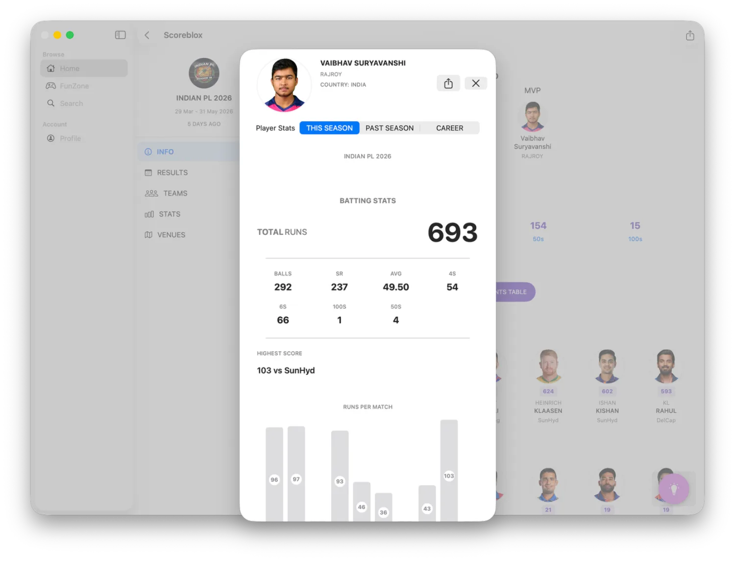 Player profiles on Mac — season, past-season and career numbers