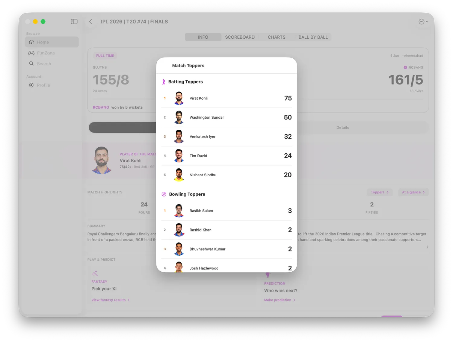 Match toppers on Mac — batting and bowling leaders for every game